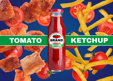 Image of Ketchup advertising poster. Bottle of sauce, tomatoes, French fries and meat on blue background