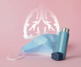 Image of Asthma inhaler, medical mask and illustration of lungs on pink background