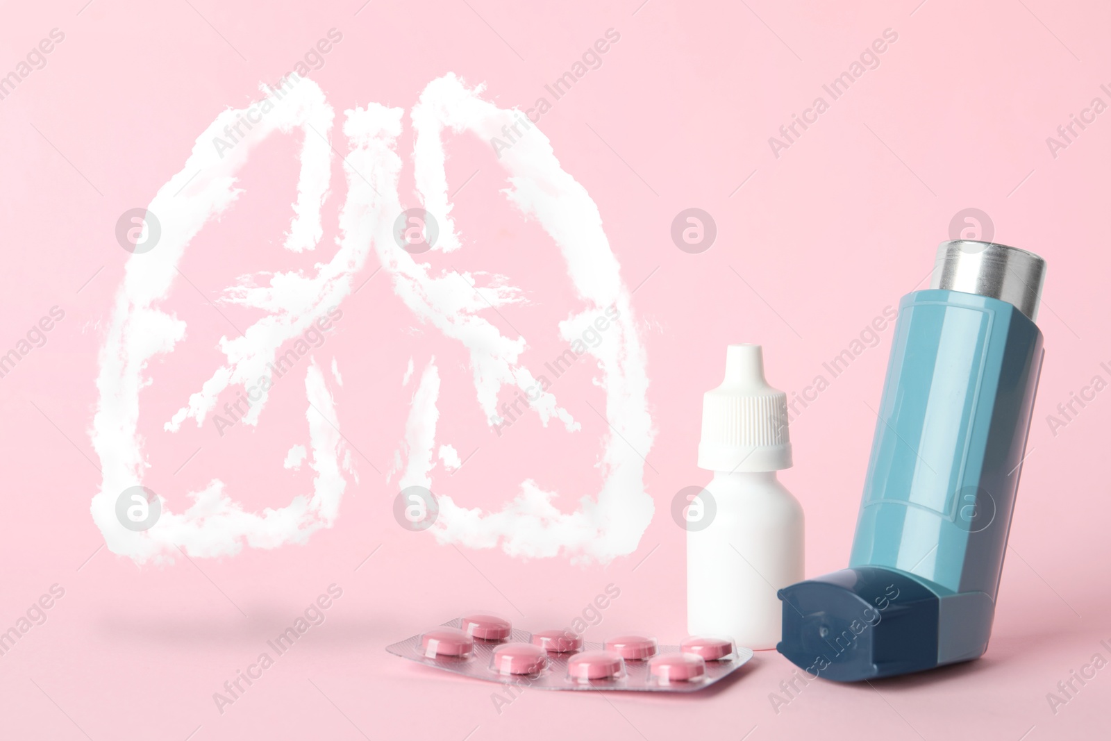 Image of Asthma inhaler, drugs and illustration of lungs on pink background