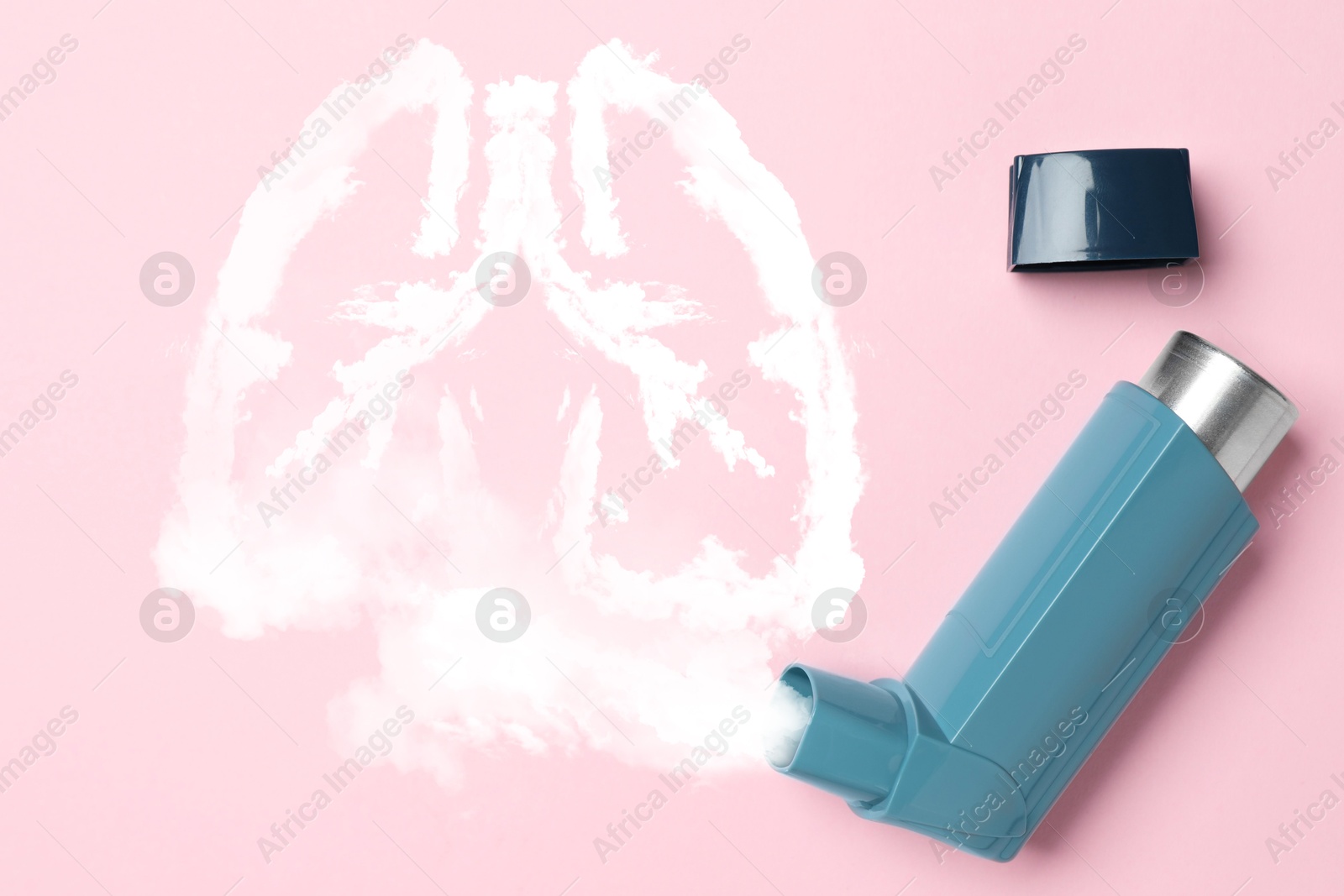 Image of Asthma inhaler and illustration of lungs on pink background, top view