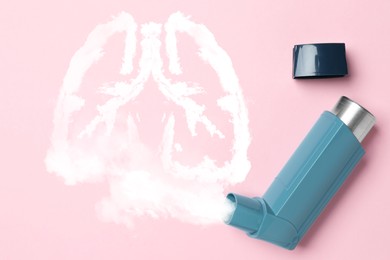 Image of Asthma inhaler and illustration of lungs on pink background, top view