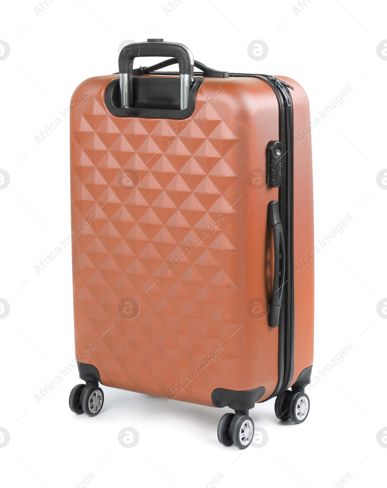 Image of One closed orange suitcase isolated on white