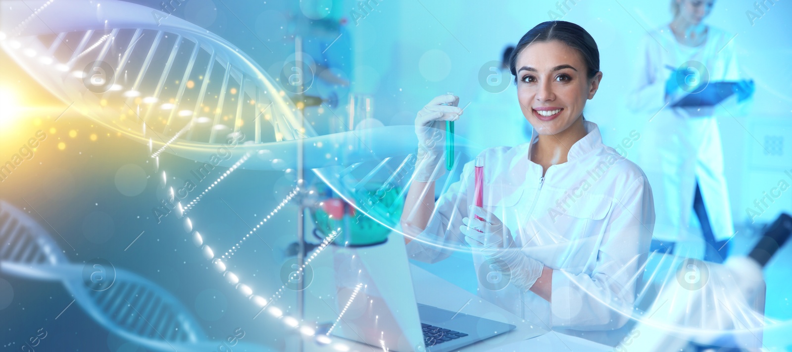 Image of Scientists working in laboratory and illustrations of DNA, double exposure. Research in genetics. banner design