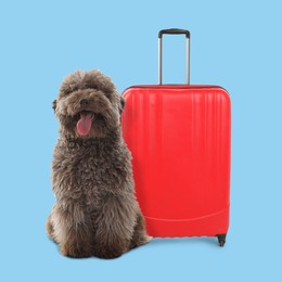 Image of Cute dog and red suitcase on light blue background