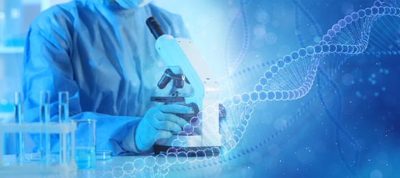 Image of Scientist working with microscope in laboratory and illustrations of DNA, double exposure. Research in genetics. banner design