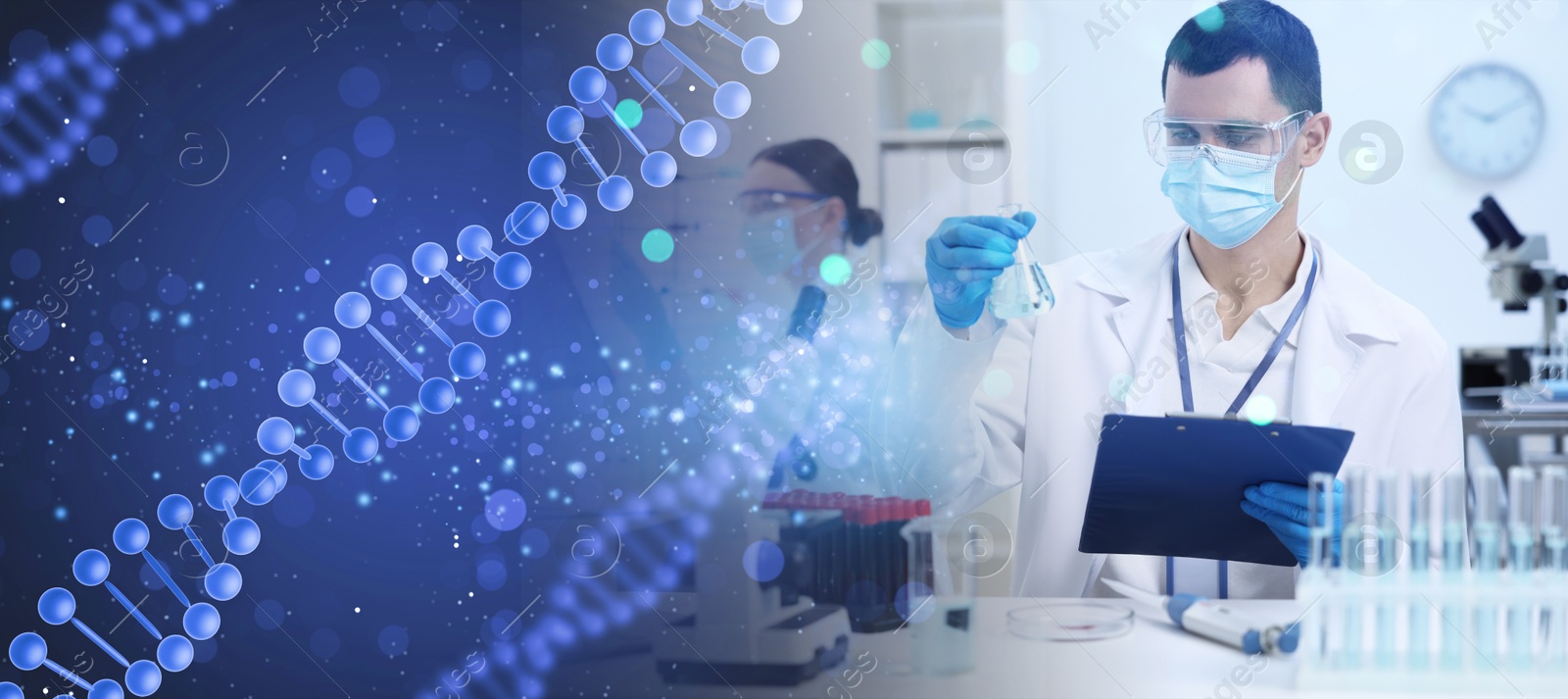 Image of Scientists working in laboratory and illustrations of DNA, double exposure. Research in genetics. banner design