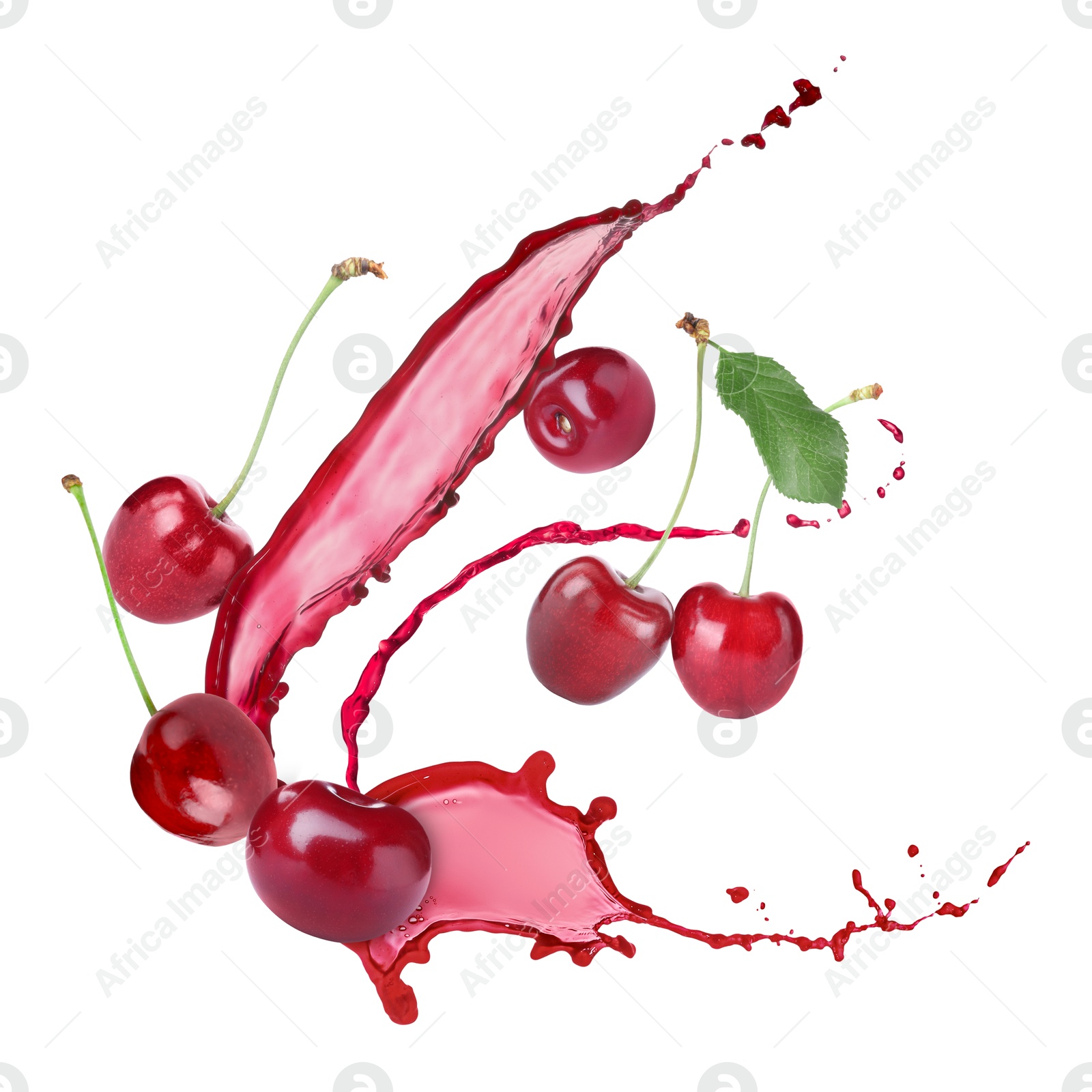 Image of Juice splashes and fresh cherries in air on white background