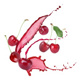 Image of Juice splashes and fresh cherries in air on white background