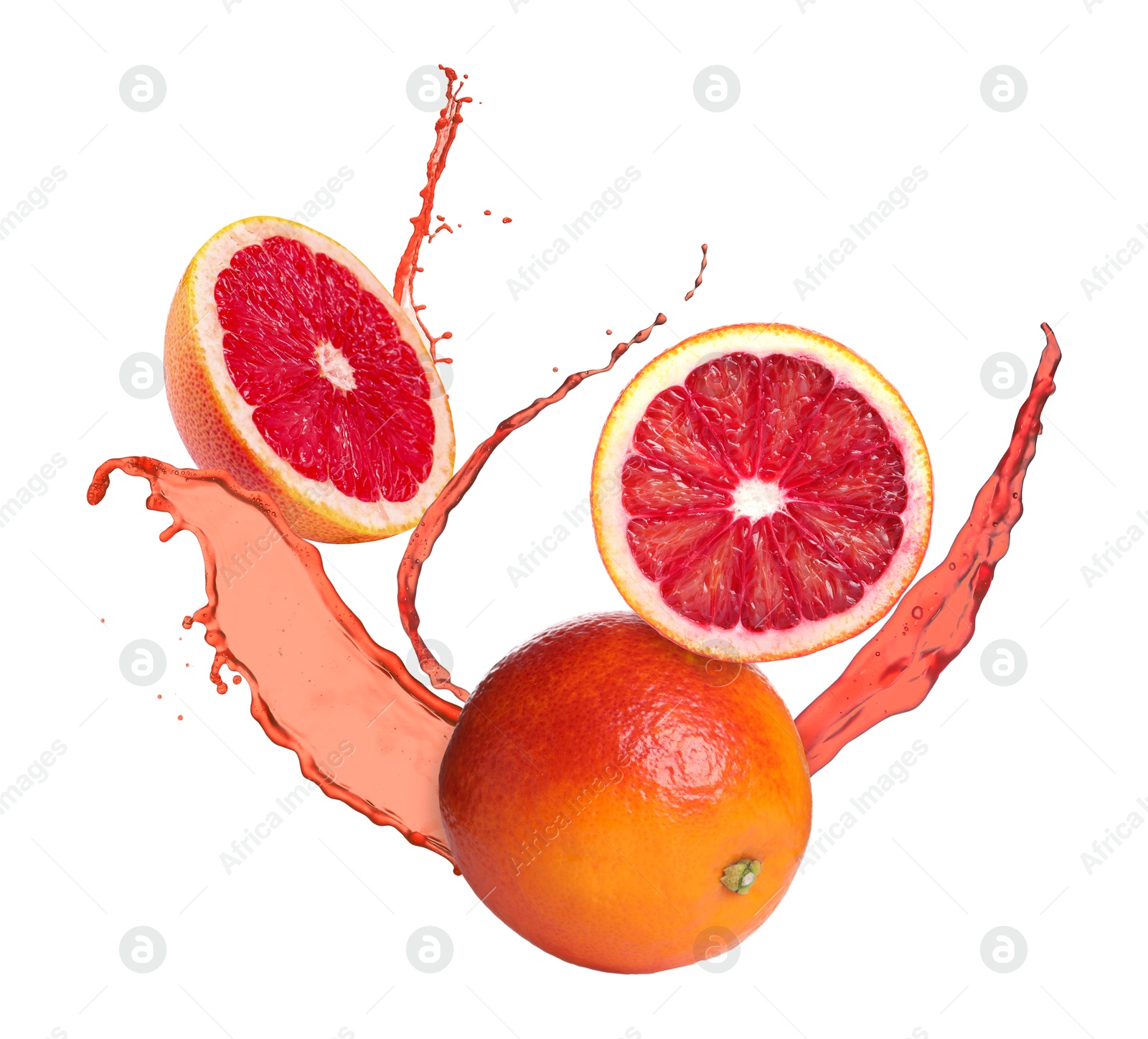 Image of Juice splashes and fresh red oranges in air on white background