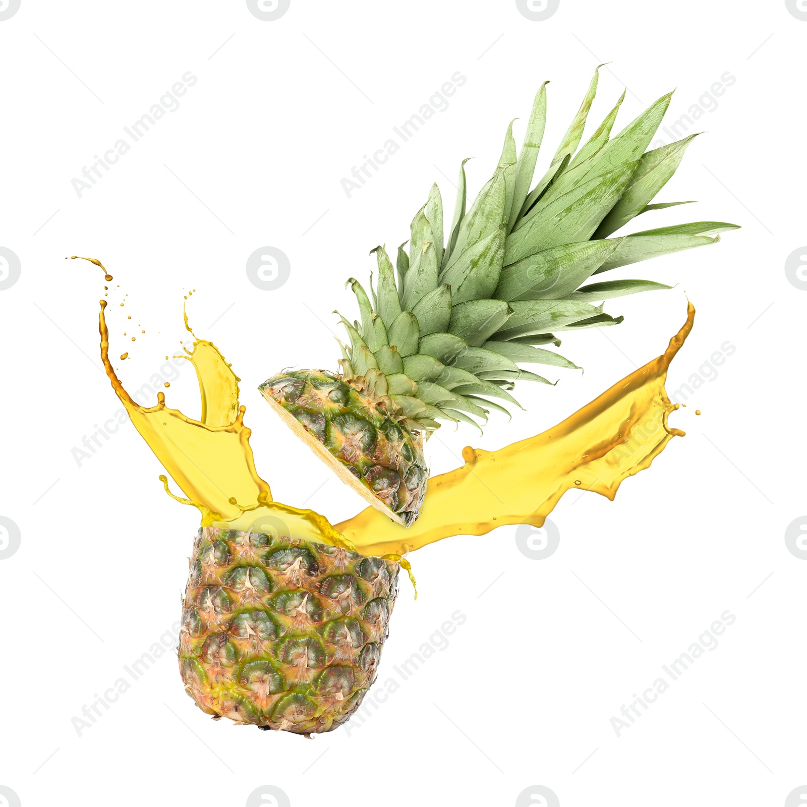 Image of Juice splashes and fresh pineapple in air on white background