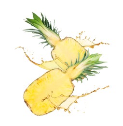 Image of Juice splashes and halves of pineapple in air on white background