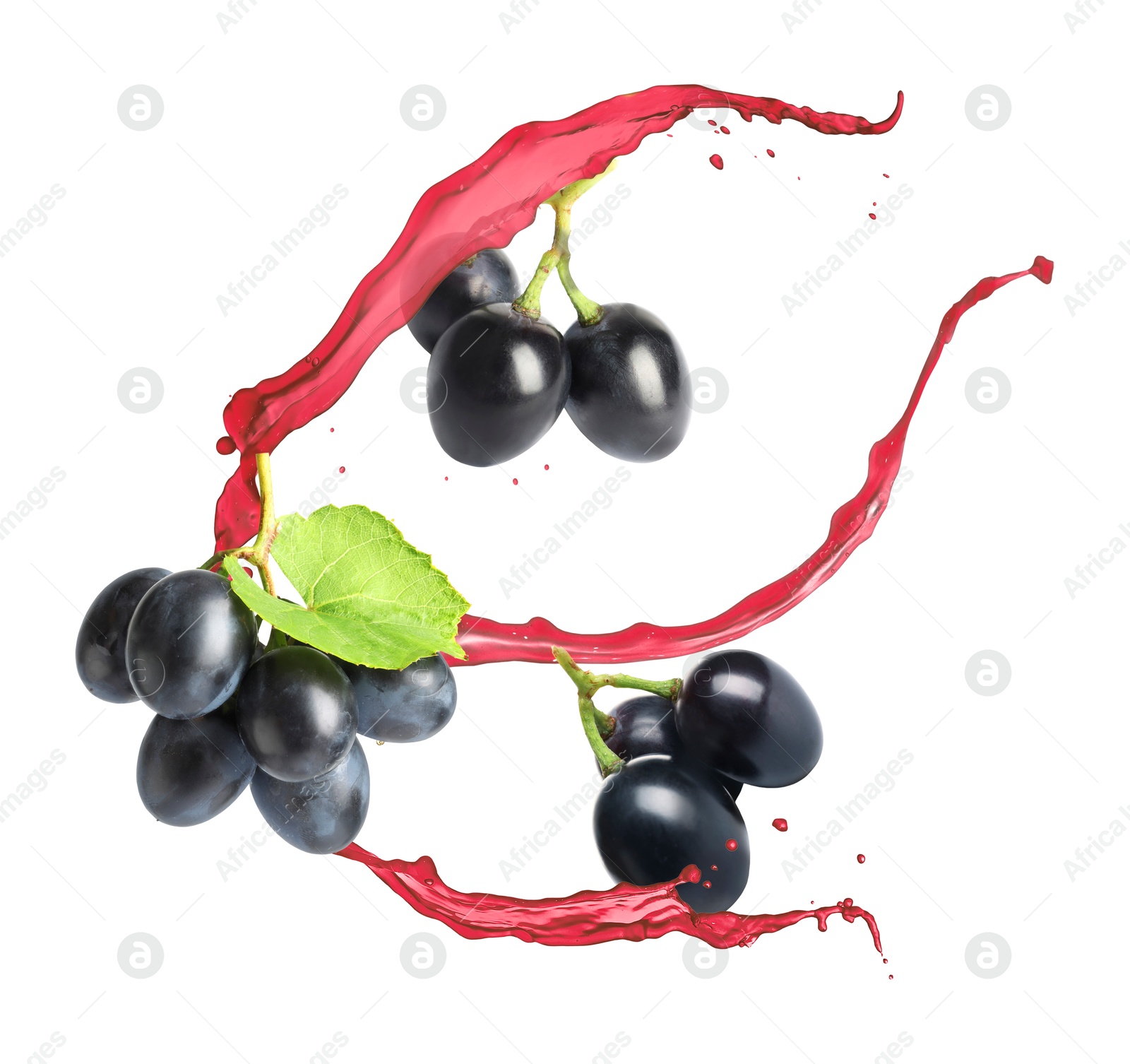 Image of Juice splashes and fresh grapes in air on white background