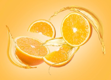 Image of Juice splashes and fresh oranges in air on golden background