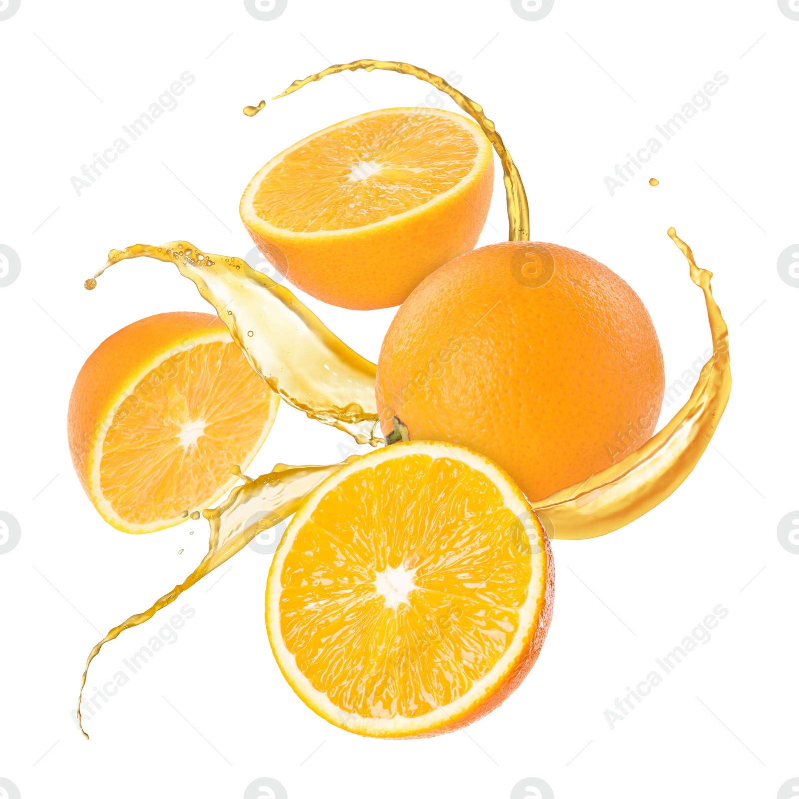 Image of Juice splashes and fresh oranges in air on white background