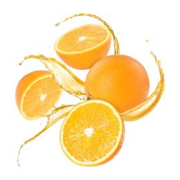 Image of Juice splashes and fresh oranges in air on white background