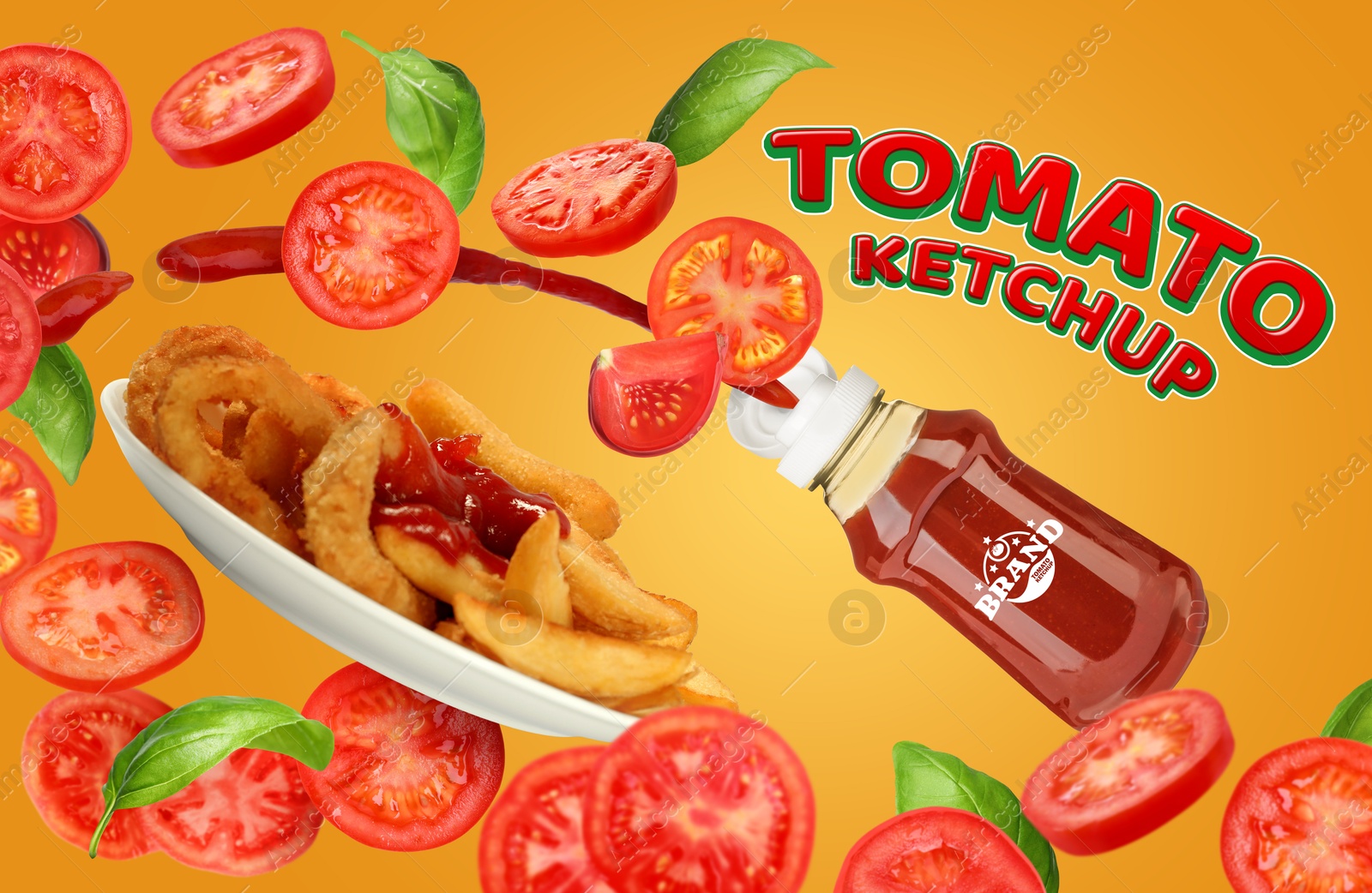 Image of Ketchup advertising poster. Sauce flying out of bottle over fried snacks among flying tomatoes on orange background