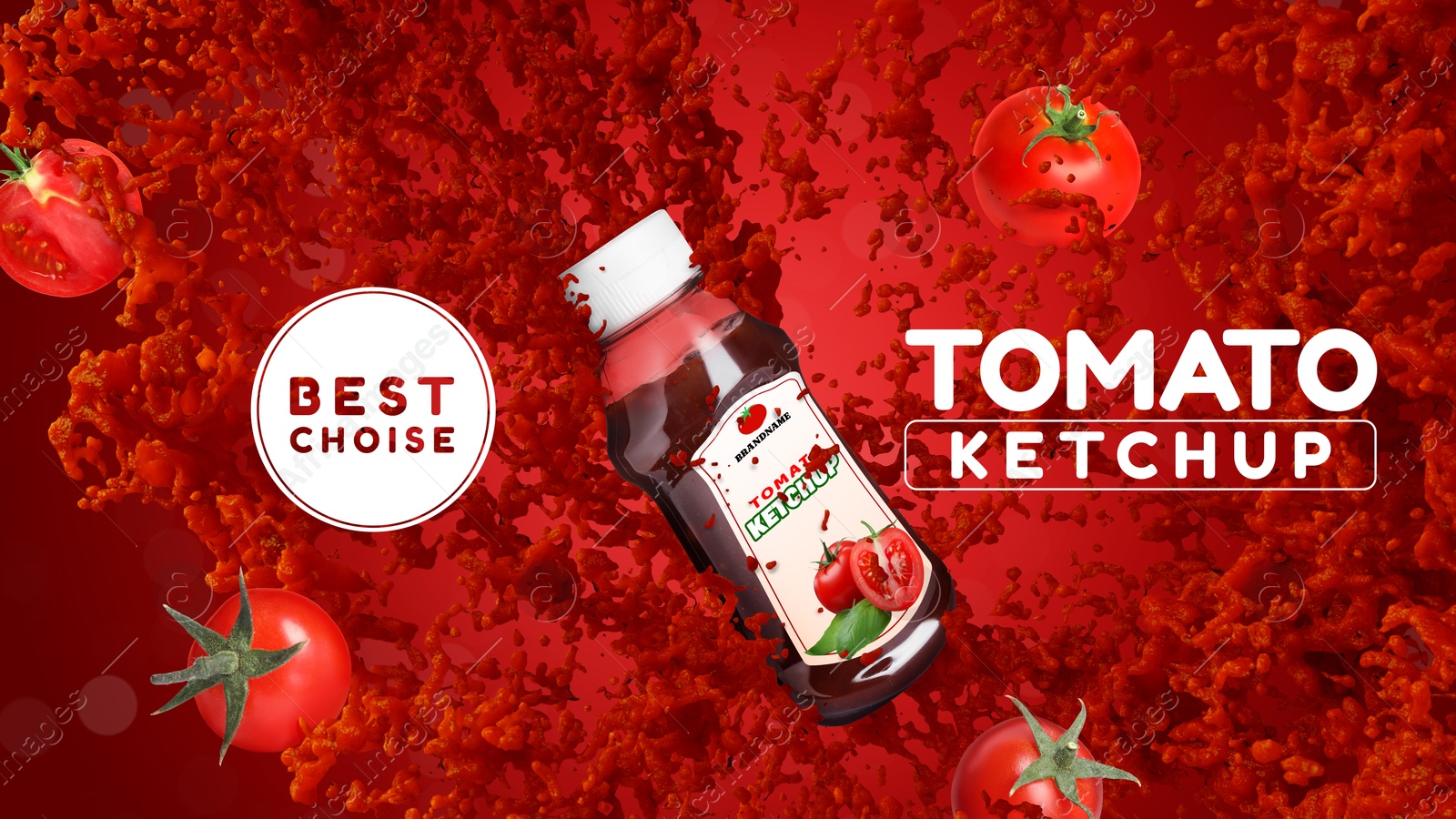 Image of Ketchup advertising poster. Bottle and tomatoes in sauce splashes on red background