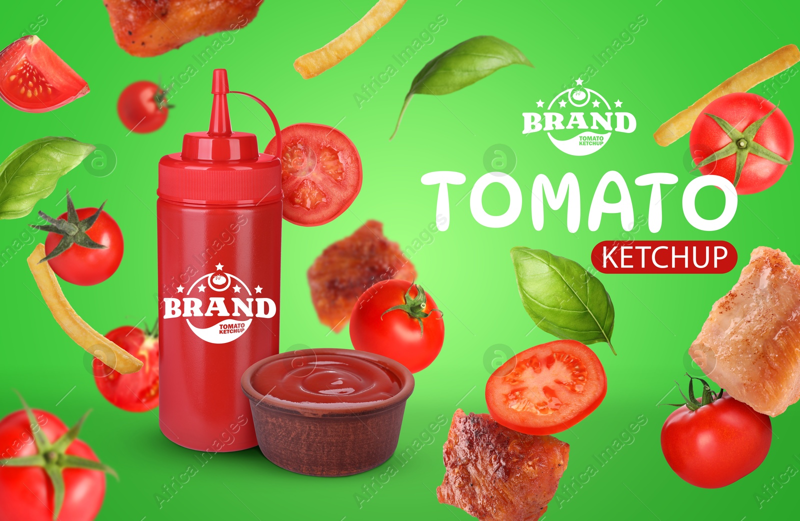 Image of Ketchup advertising poster. Bottle of sauce among falling meat, basil, French fries and tomatoes on green background