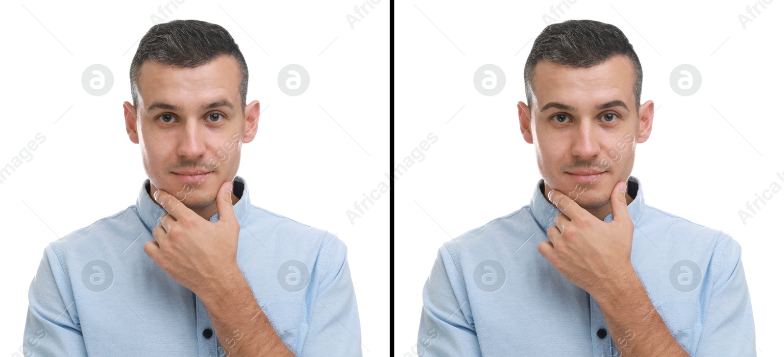 Image of Man before and after permanent eyebrow procedure, collage with photos on white background