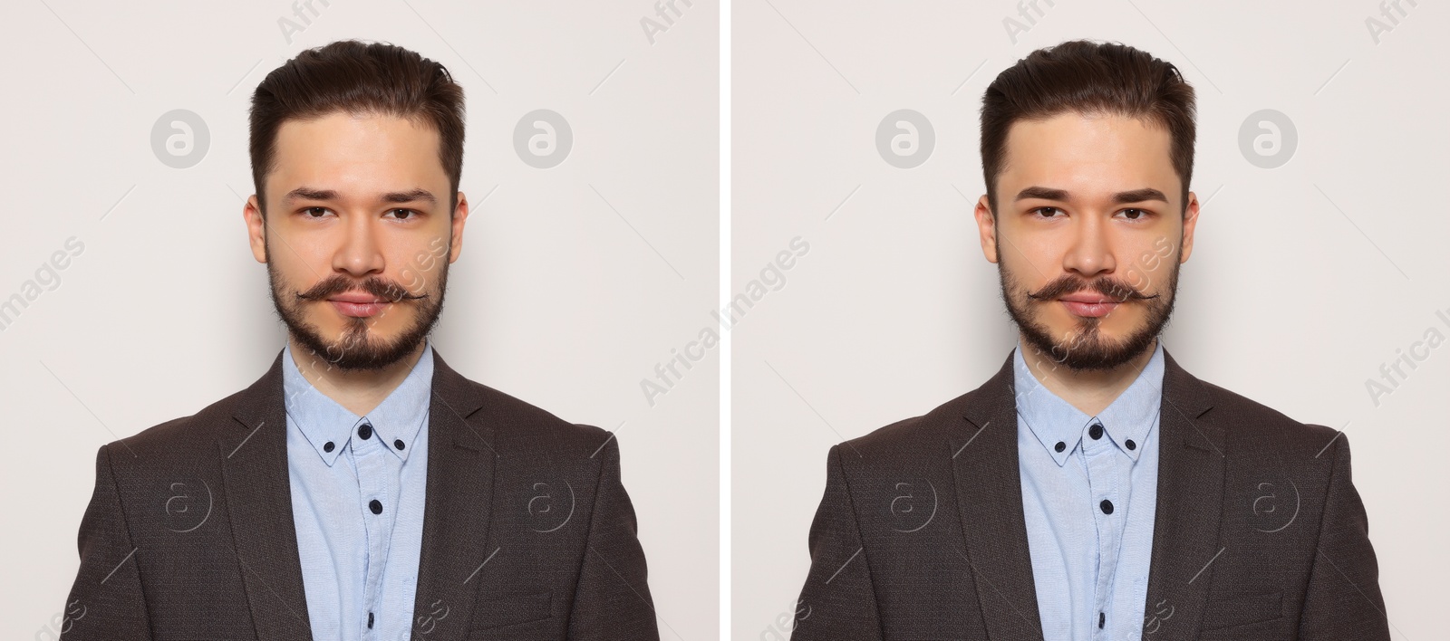 Image of Man before and after permanent eyebrow procedure, collage with photos on white background