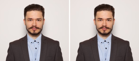 Image of Man before and after permanent eyebrow procedure, collage with photos on white background