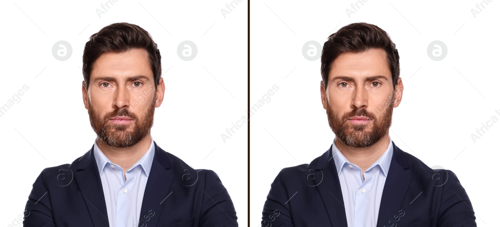 Image of Man before and after permanent eyebrow procedure, collage with photos on white background