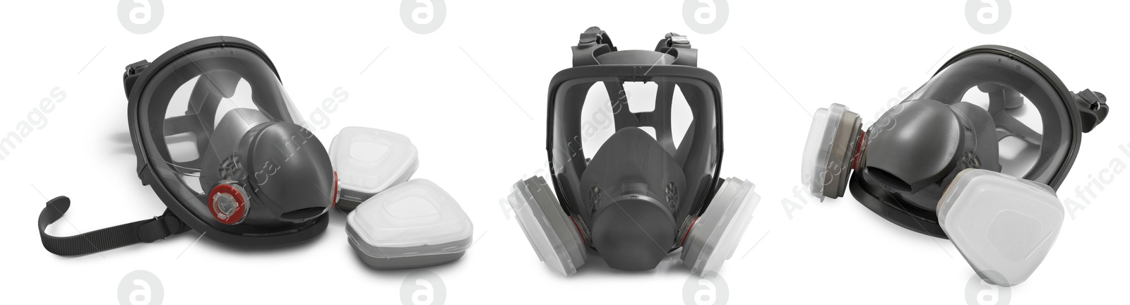 Image of Respirator with replaceable filters isolated on white, collage