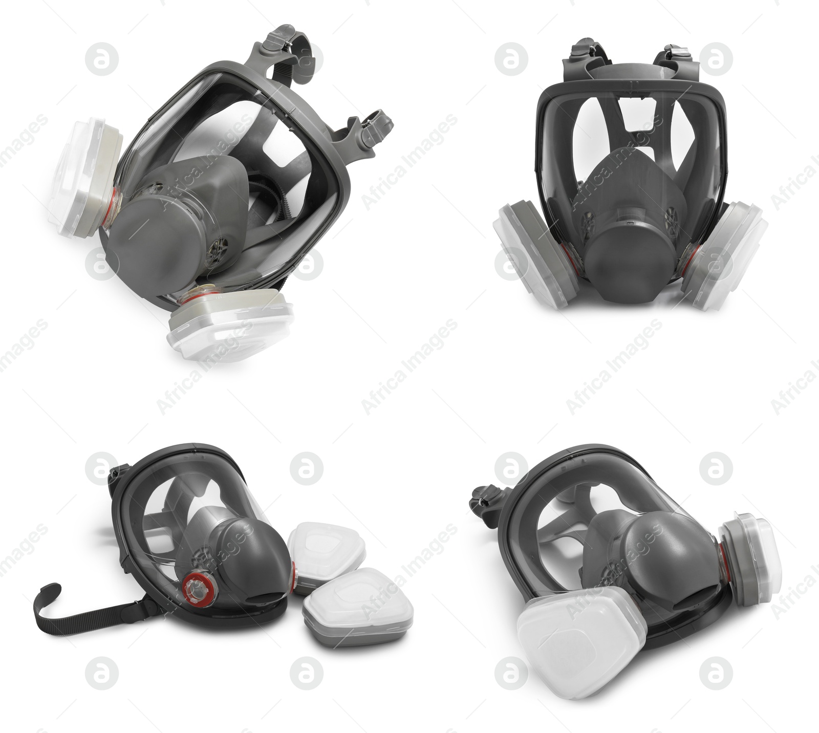 Image of Respirator with replaceable filters isolated on white, collage