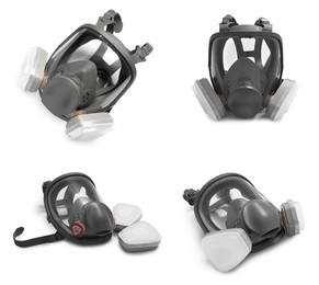 Image of Respirator with replaceable filters isolated on white, collage