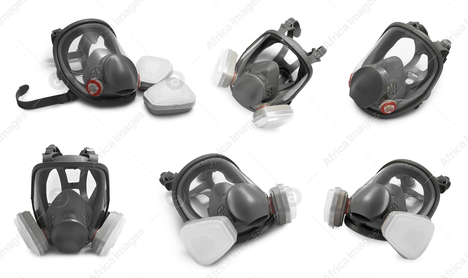 Image of Respirator with replaceable filters isolated on white, collage