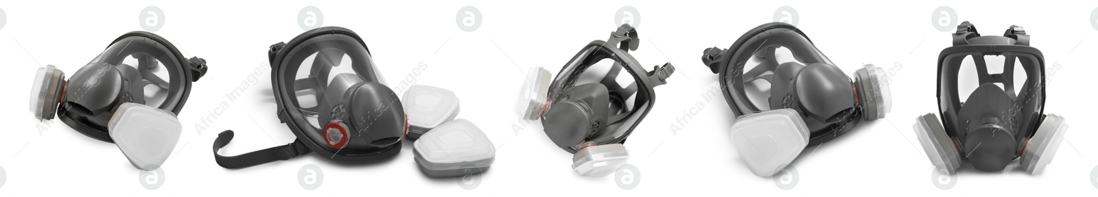 Image of Respirator with replaceable filters isolated on white, collage