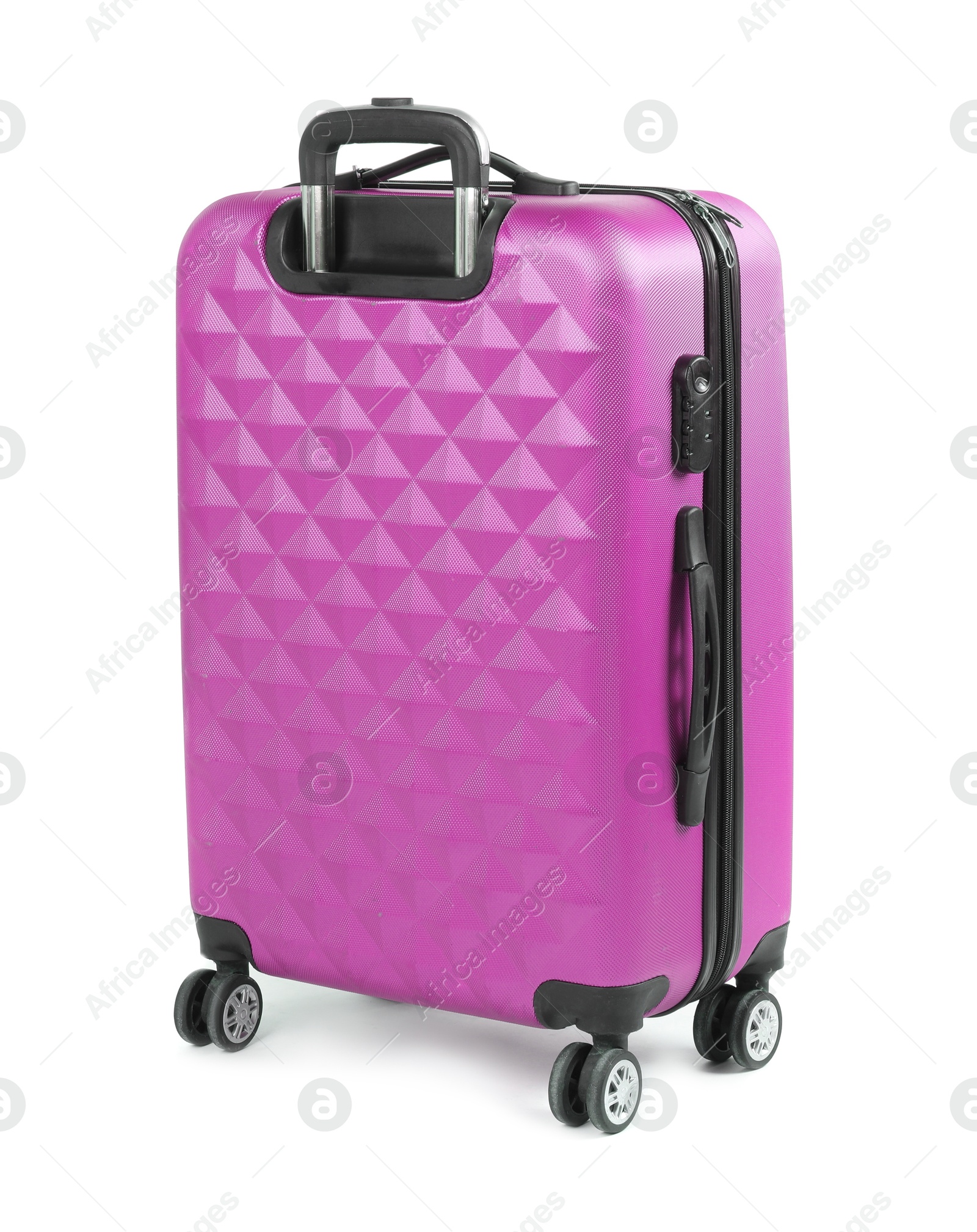 Image of One closed magenta suitcase isolated on white