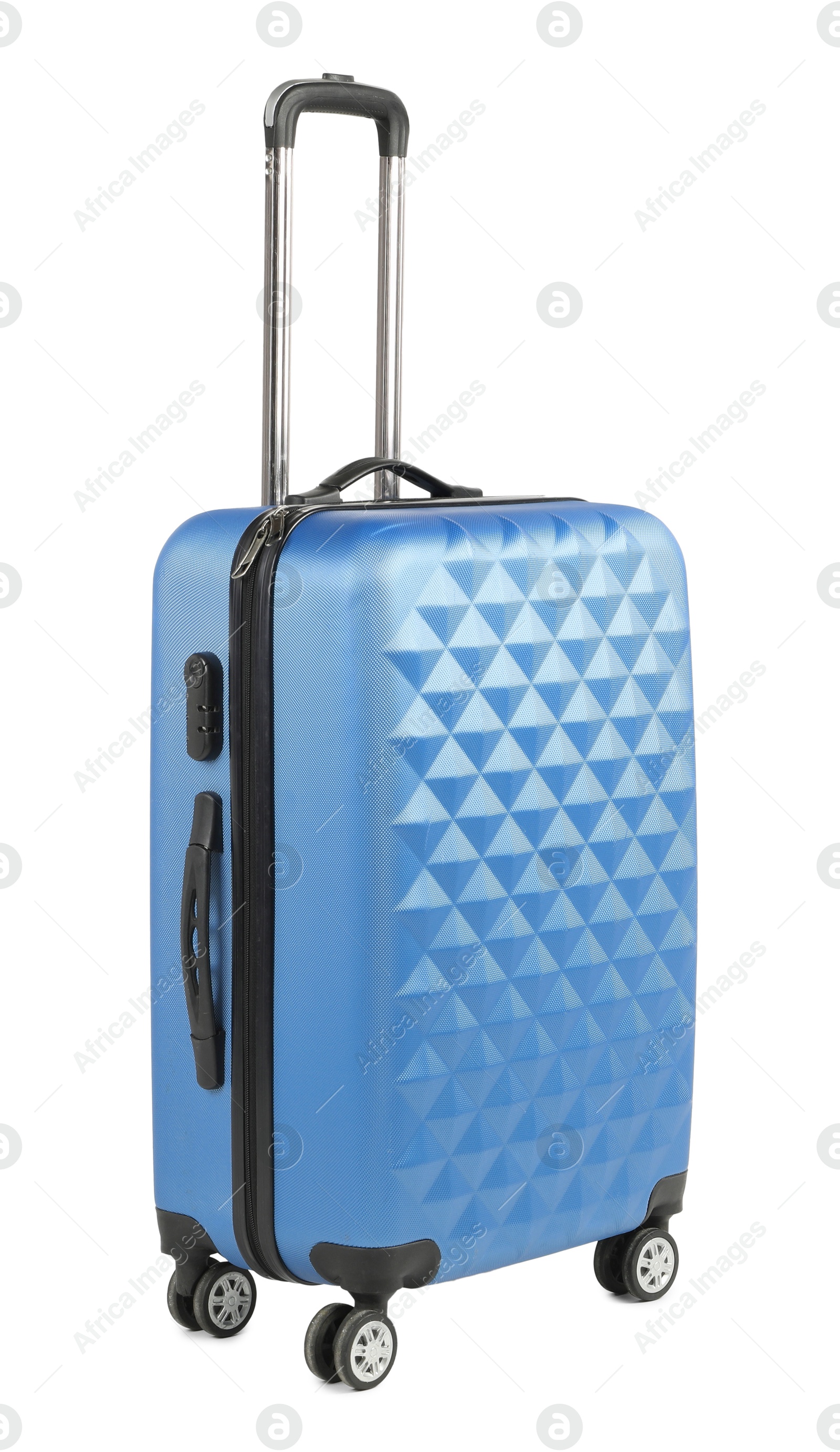 Image of One light blue suitcase isolated on white