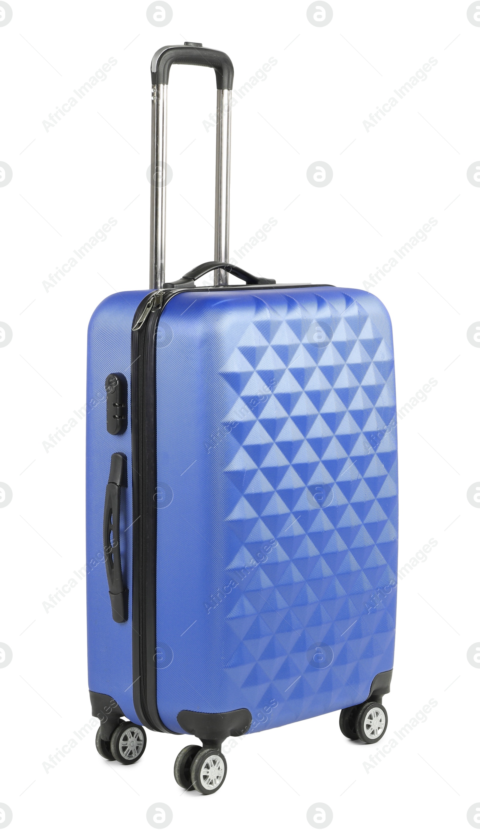 Image of One closed blue suitcase isolated on white