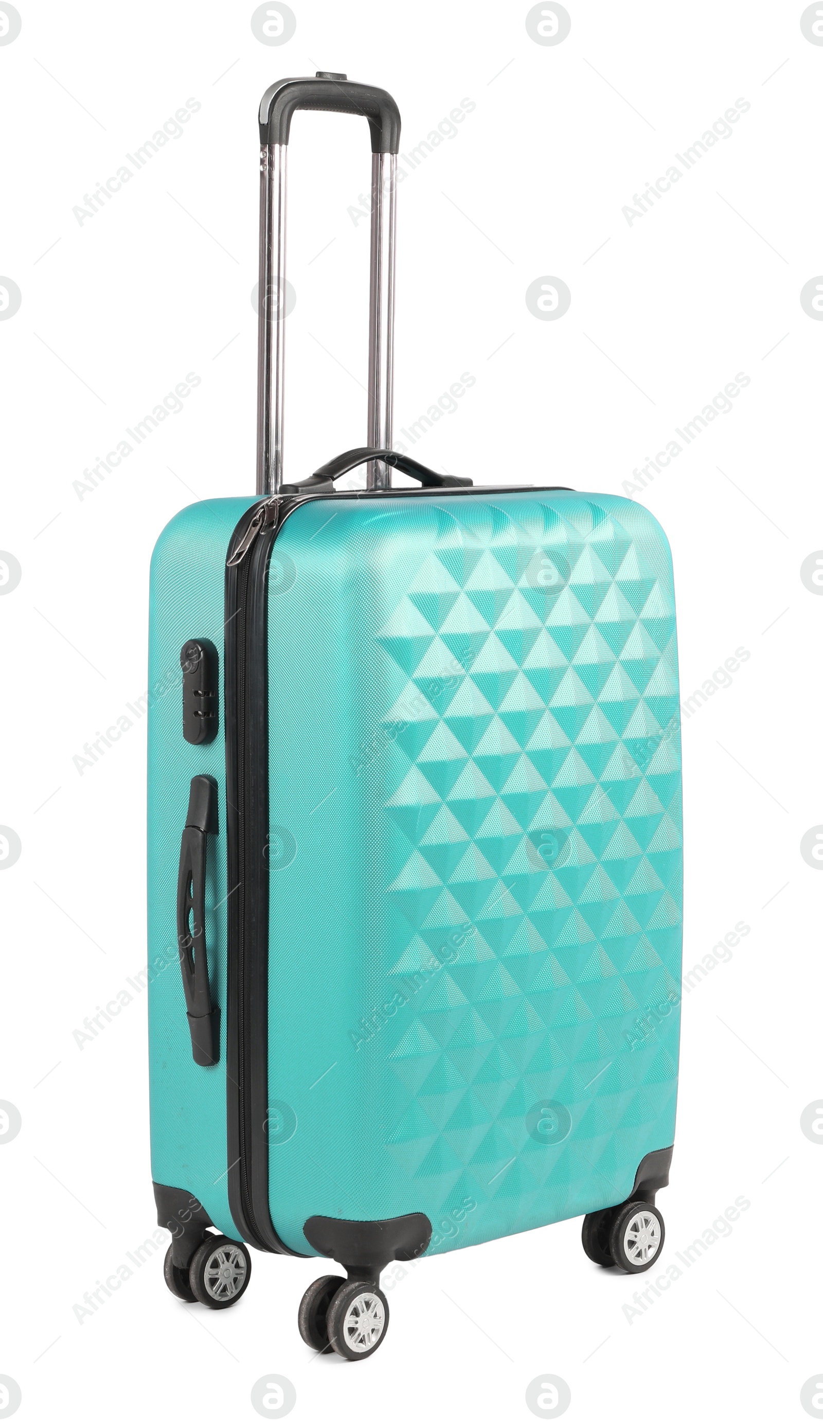 Image of One light blue suitcase isolated on white