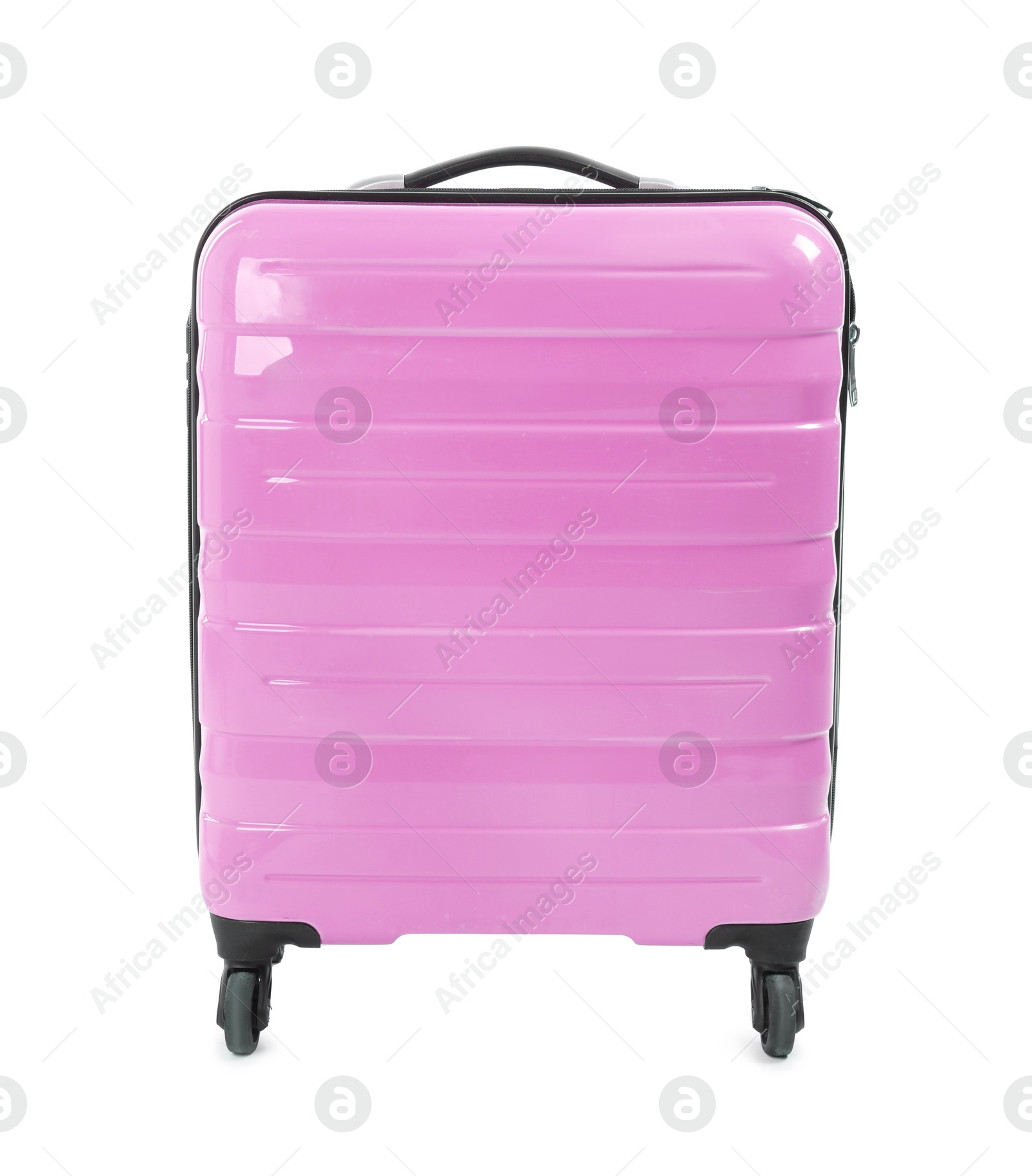 Image of One closed magenta suitcase isolated on white