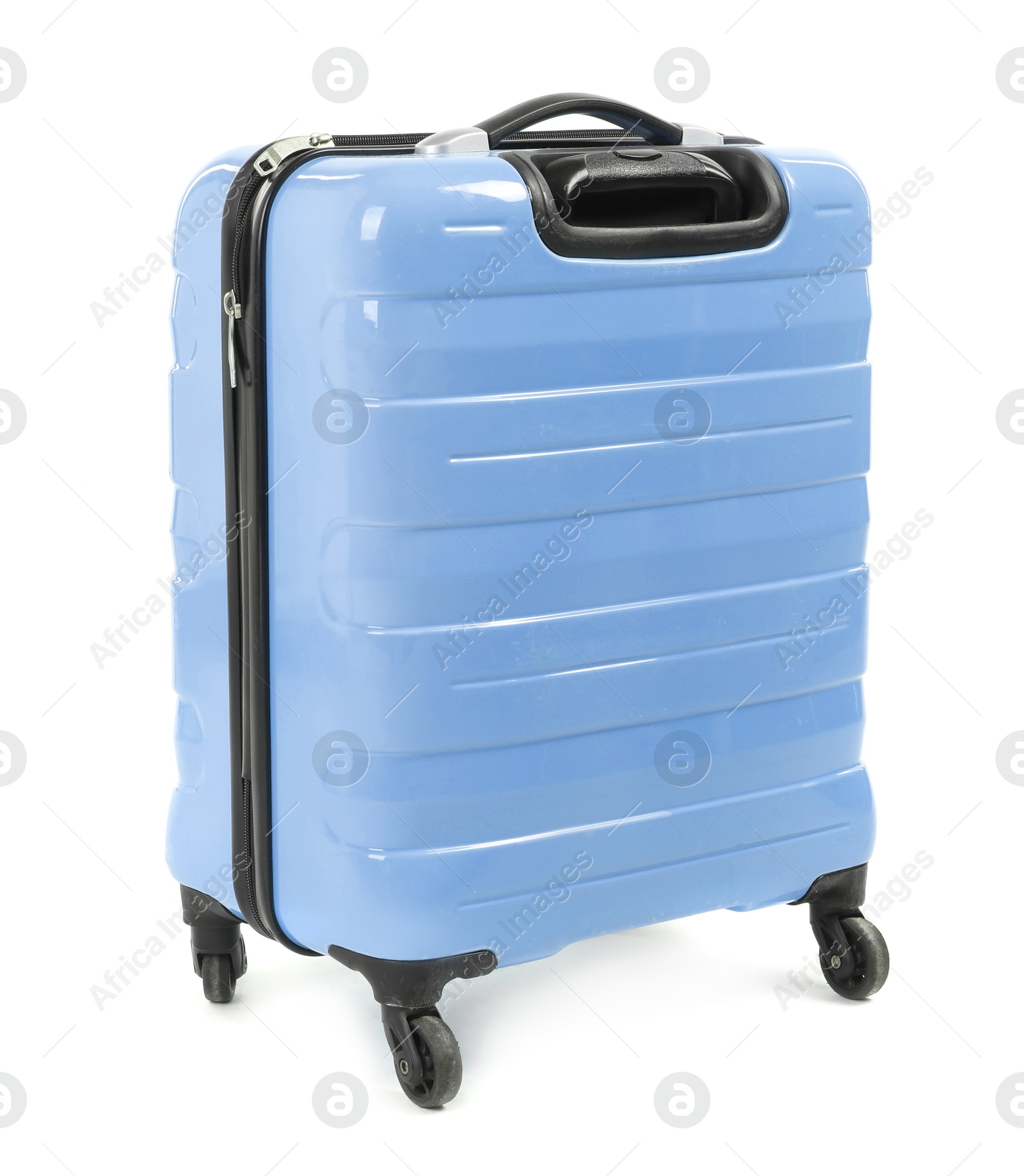 Image of One light blue suitcase isolated on white