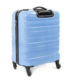 Image of One light blue suitcase isolated on white