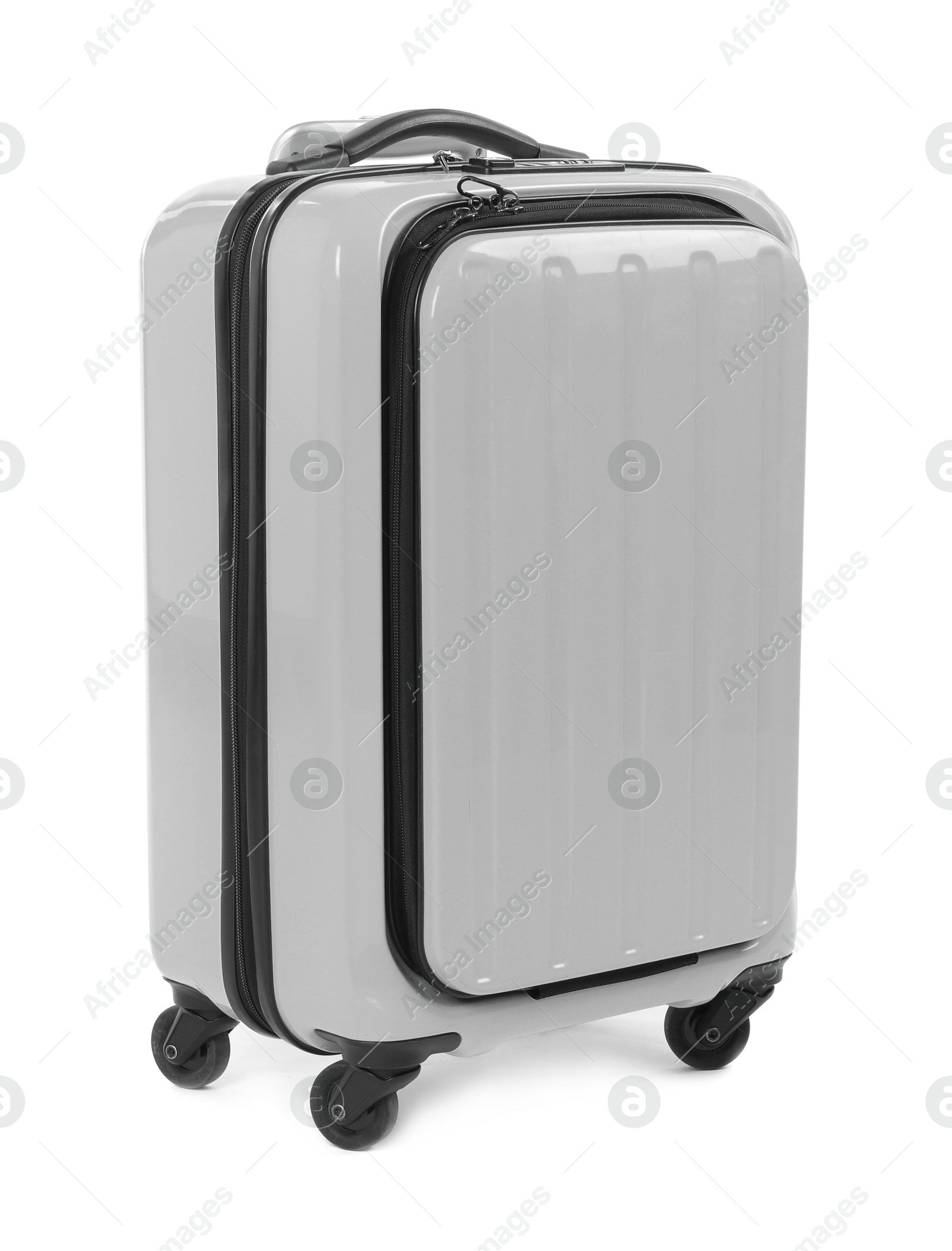 Image of One light grey suitcase isolated on white