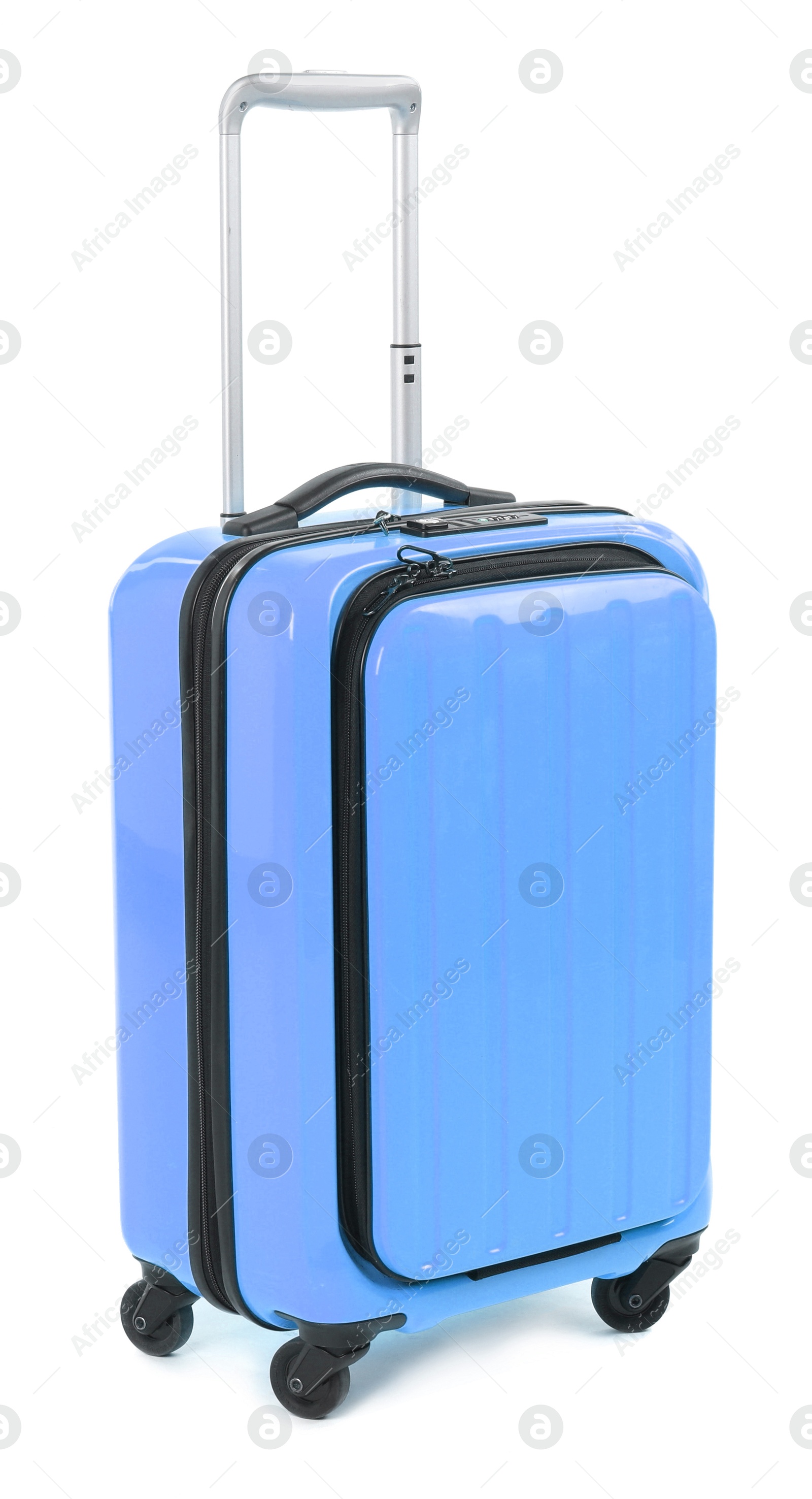 Image of One light blue suitcase isolated on white