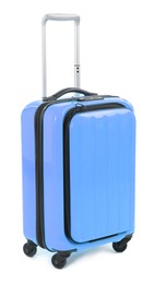 Image of One light blue suitcase isolated on white