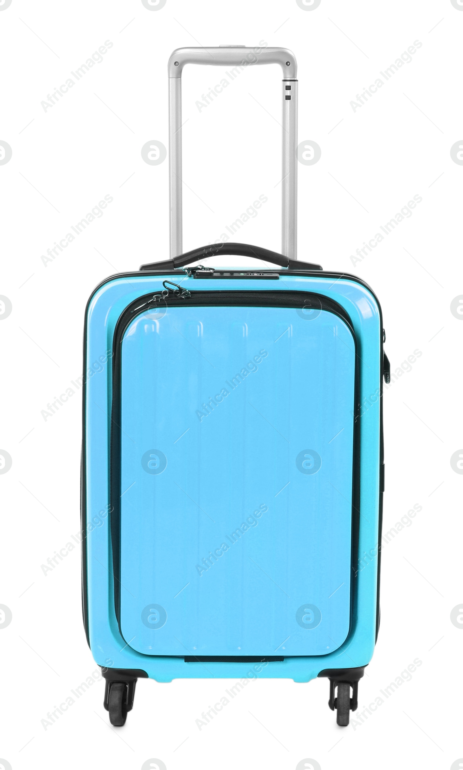 Image of One light blue suitcase isolated on white