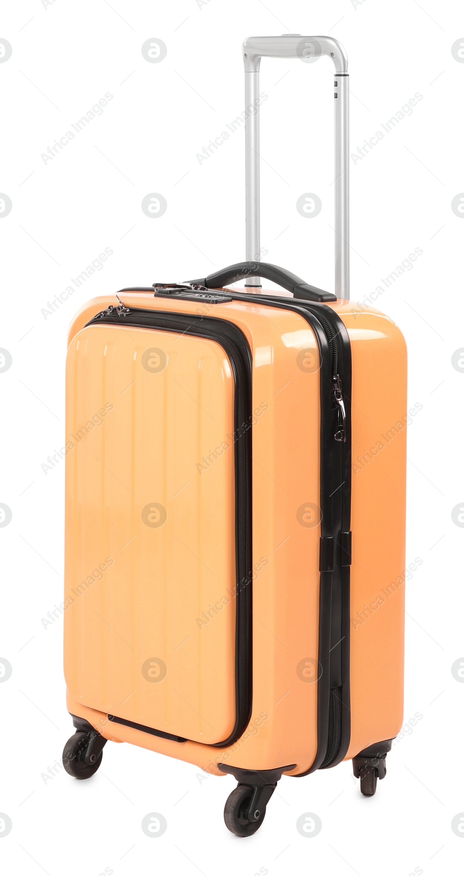 Image of One closed orange suitcase isolated on white