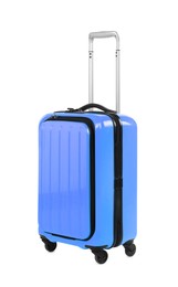 Image of One closed blue suitcase isolated on white