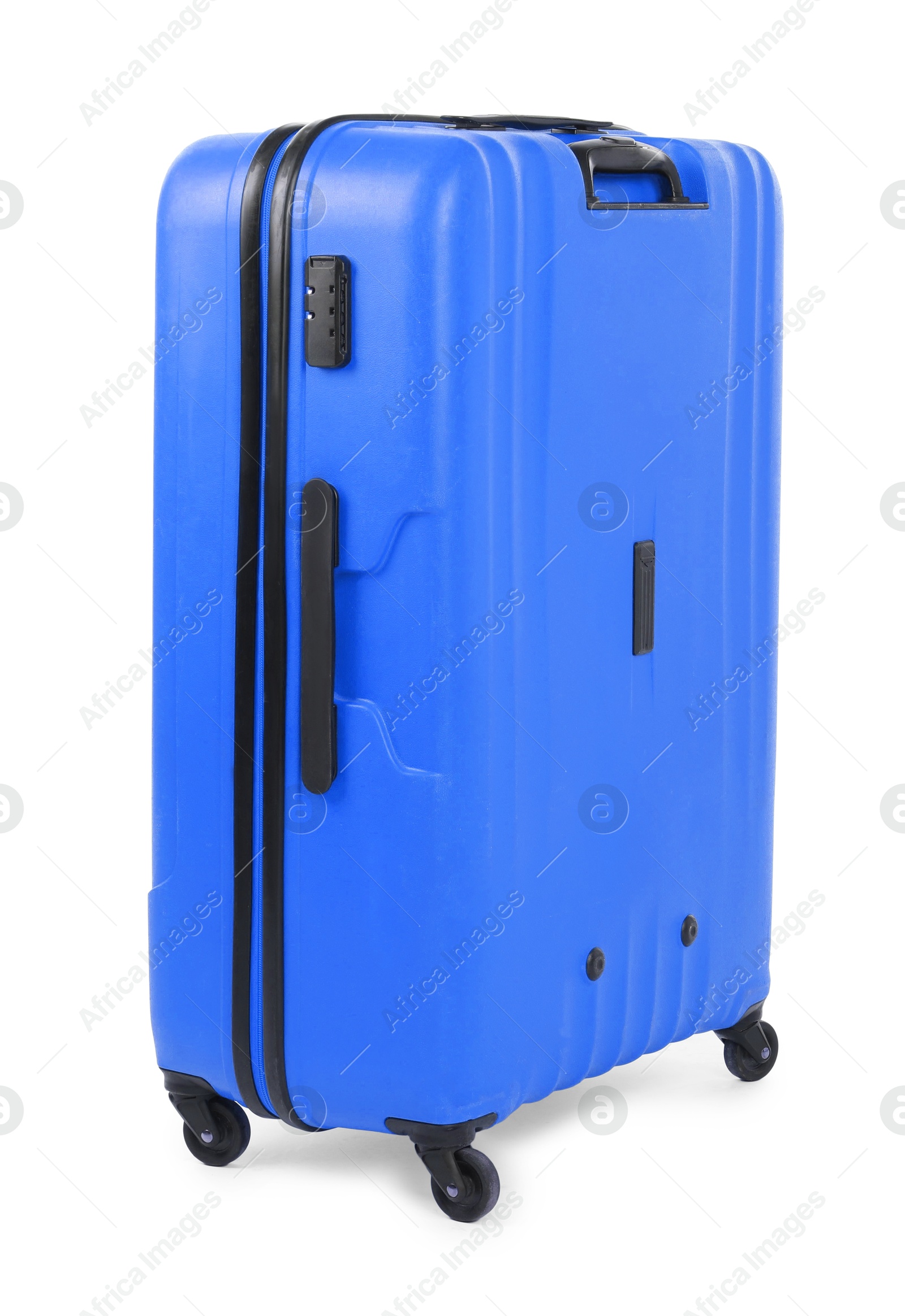 Image of One closed blue suitcase isolated on white