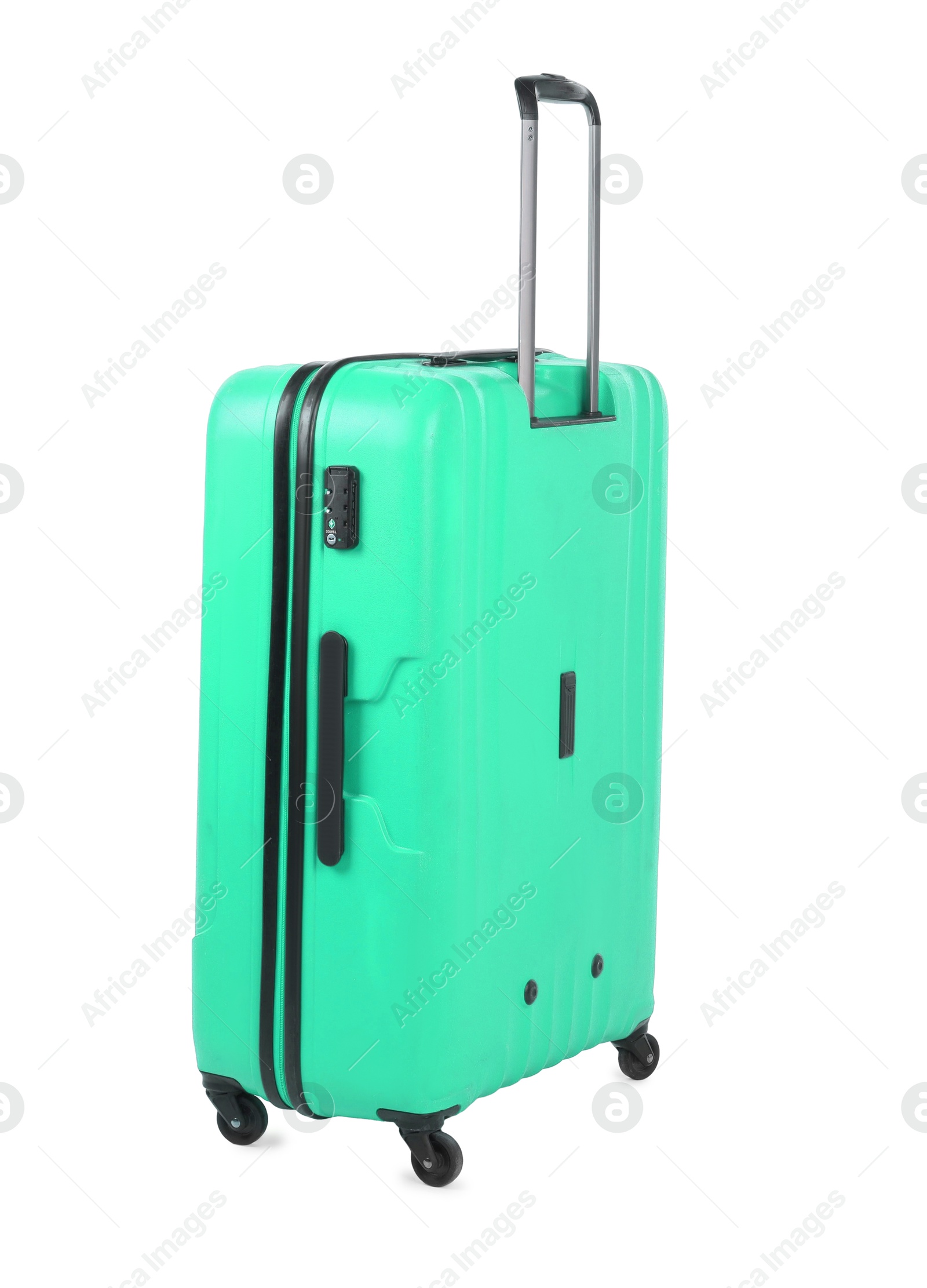 Image of One closed turquoise suitcase isolated on white