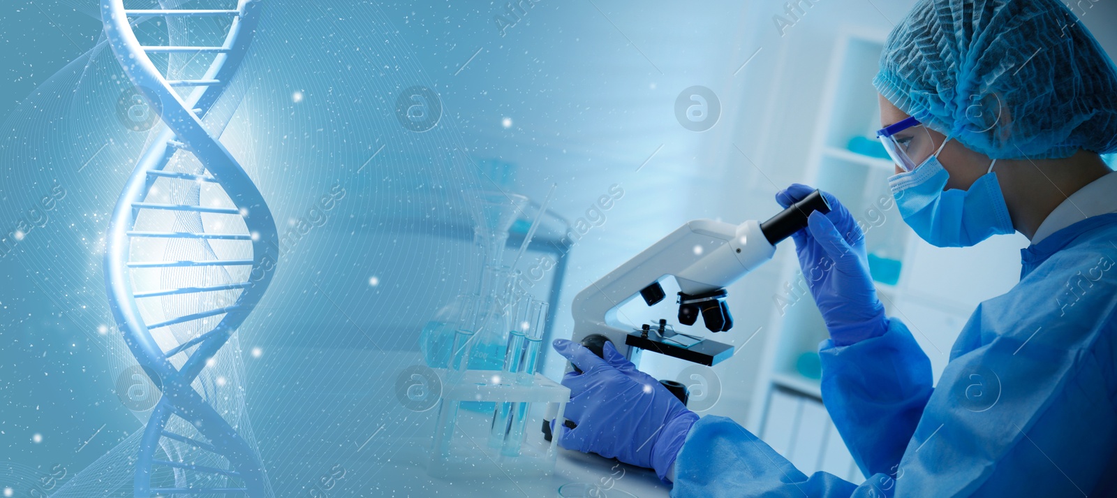 Image of Scientist working with microscope in laboratory and illustration of DNA, double exposure. Research in genetics. banner design