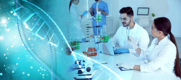 Image of Scientists working in laboratory and illustrations of DNA, double exposure. Research in genetics. banner design