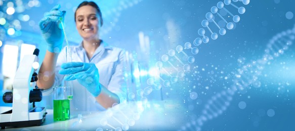 Image of Scientist working in laboratory and illustrations of DNA, double exposure. Research in genetics. banner design