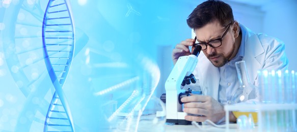 Image of Scientist working with microscope in laboratory and illustrations of DNA, double exposure. Research in genetics. banner design